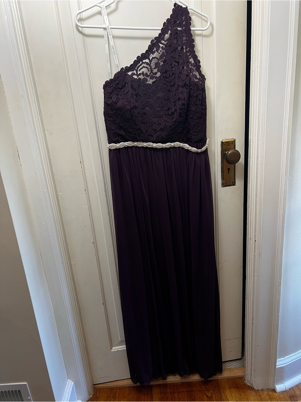 David's Bridal One-Shoulder Lace Chiffon Gown in Plum